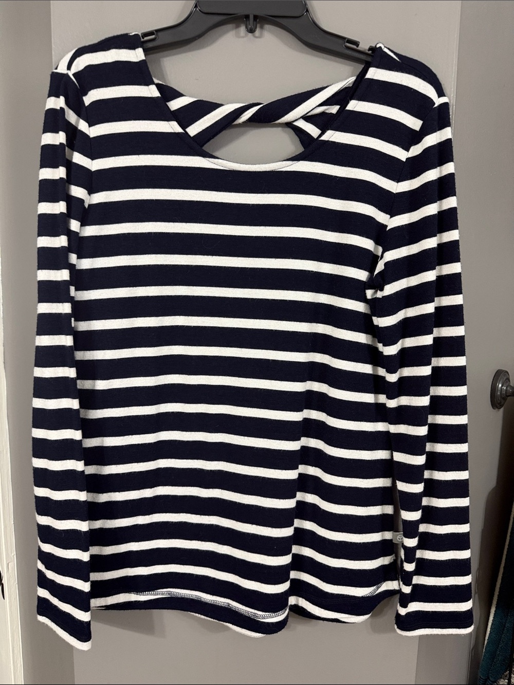 Talbots Navy and White Striped Long-Sleeve Top with Back Twist Detail